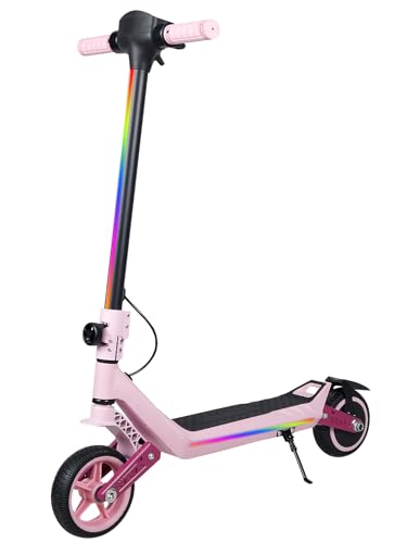 Patinete eléctrico para niños, patinete eléctrico de doble suspensión con luces de arco iris de colores e indicador LED, alcance de 12 km, regalos para niños y niñas a partir de 6 años (rosa)
