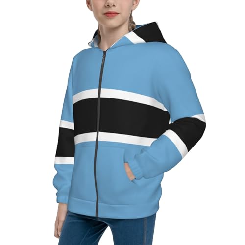Flag of Botswana Print Girls Athletic Zip Up Hoodies,Sweatshirts with Pockets Long Sleeve Hooded Jackets, for 7-18 Y