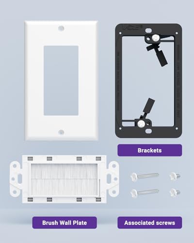 VCE Brush Wall Plate Cable Pass Through with Bracket, Decorator Cover for Low Voltage Cables - White, 2-Pack