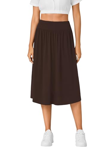 LYANER Women's Elastic High Waist Knee Length A-line Hem Basic Casual Midi Skirt with Pockets2