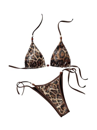 Bikini de leopardo marrón con lentejuelas triángulo halter de dos piezas en talla S