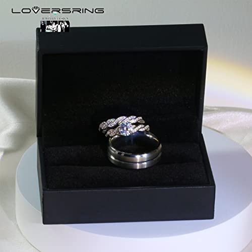Couple Ring Bridal Set His Hers White Gold Plated CZ Stainless Steel Wedding Ring Band Set4
