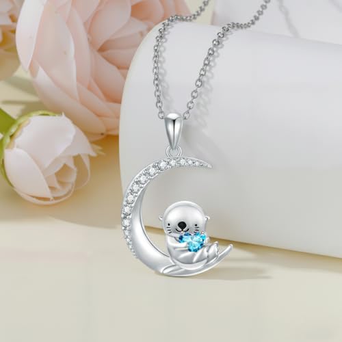 Image of PROESS Animal Birthstone Necklace 925 Sterling Silver Otter /Axolotl /Hippo /Elephant /Dachshund /Monkey /Red Panda Pendant Necklace Animal Birthstone Jewelry Gifts for Women