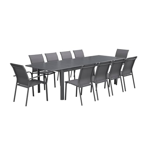 sweeek - Table de Jardin Extensible Aluminium + 10 assises Aluminium et textilène Anthracite. 8 chaises. 2 fauteuils. 10 Places. 290 x 100 x 75 cm