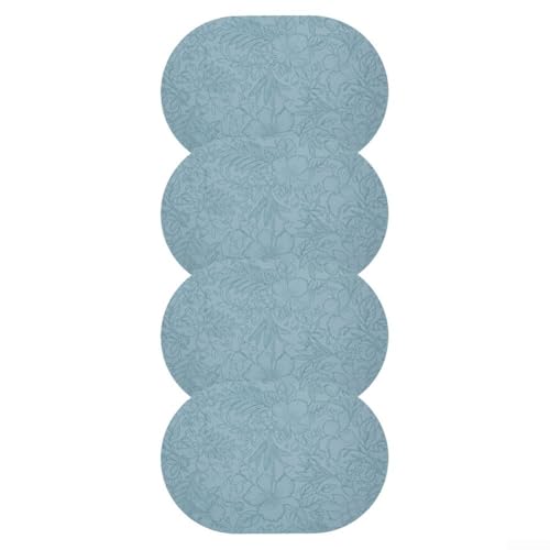 Manteles individuales florales de piel sintética de 4 piezas, juego ovalado de doble cara, fácil de limpiar y resistente al calor para comedor (azul)