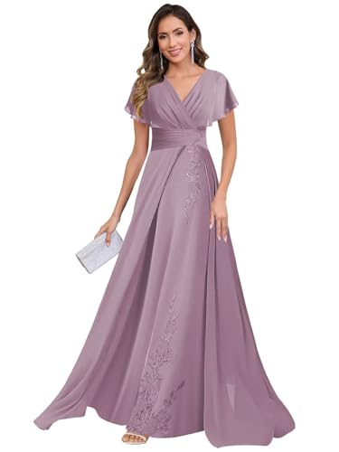 Women's Lace Appliques Mother of The Bride Dresses with Sleeves Pleated Chiffon Long V Neck A Line Formal Dresses