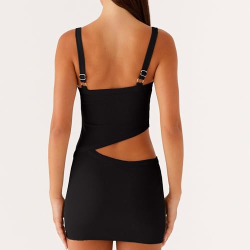 Image of Women Sexy Cutout Mini Dress Spaghetti Strap Backless V-Neck Patchwork Bodycon Short Dress Party Cocktail