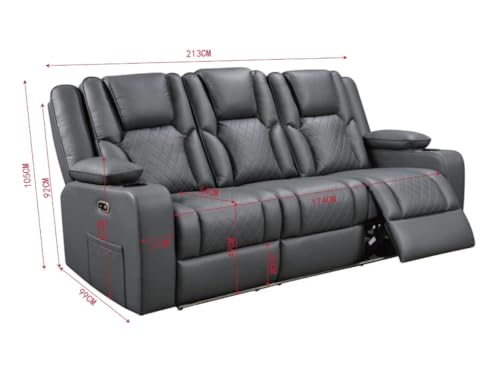 Orlando 3 Seater Electric Recliner Sofa – Black Aire Leather Upholstery, Motorised Reclining Seats, USB Ports & Cup Holders, LED Lighting, Wireless Charging, Reading Lights – Living Room Sofa