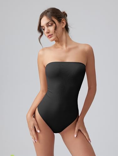 OQQ Womens Tube Bodysuits Strapless Basic Sleeveless Ruched Stretch Classic-Fit Tops Sexy Bodysuits4