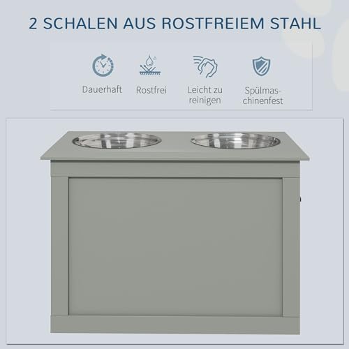 PawHut Erhöhter Hundenapf Futternapf mit Staumraum Wassernapf 2 x 2000ml Edelstahlnäpfen Hundenäpfe Fressnapf Futterstation für Hunde Katzen Grau