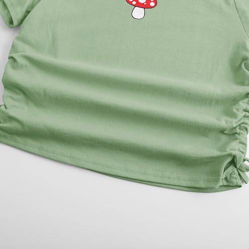 Image of Girl's Graphic Crop Top Summer Tee Drawstring Side Tie Knot Hem Round Neck Short Sleeve T-Shirts