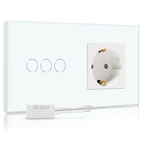 BSEED Interrupteur Variateur avec Prise et Affichage LED,157 * 86mm 1 Gang 1 Voie,Panneau Tactile,Prises Murales,Variateur LED,Interrupteur Tactile,Blanc