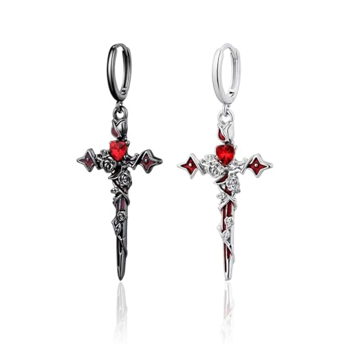 RVYEIOP Boucles d'Oreilles Créoles Croix et Rose pour Femme et Homme - Lot de 2 (Noir et Argent) en Acier Inoxydable, Style Punk Gothique Asymétrique, Bijoux...