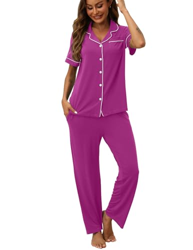 Image of ZMJ Womens Pajamas Sets 2 Piece Button Up Pj Sets Short Sleeve with Long Pant