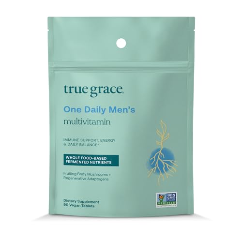True Grace One Daily Men’s Multivitamin Fermented Minerals, Organic Adaptogens & Mushrooms Whole Body Balance Immune, Endurance, Bone & Heart Support - Non-GMO, Gluten Free - 90 Vegan Tablets