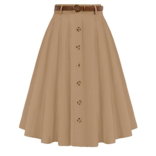 Khaki A-Line Skirt for Women Vintage High Waisted Midi Skirt with Pocket Khaki SkirtsM