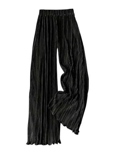 GORGLITTER Womens Silk Satin Wide Leg Pants Dressy Flowy Pleated Trousers Business Casual Work Palazzo Pants Casual Black Pleated Large