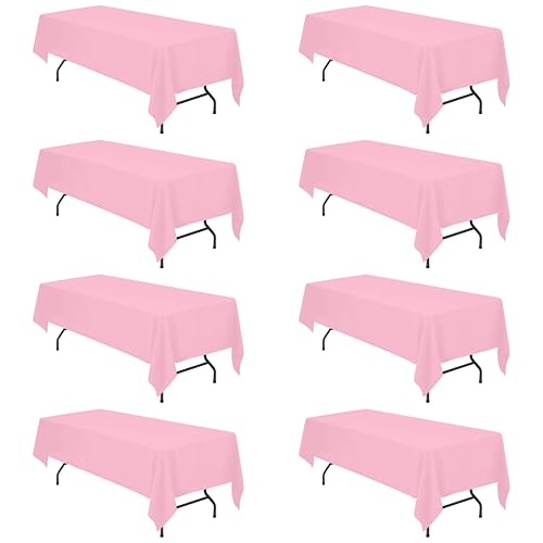 Image of BRILLMAX 8 Pack Pink Tablecloths 60 x 126 Inch for 8ft Rectangle Tables - 150 GSM Polyester Fabric, 15 inch Standard Drop, Water, Stain & Wrinkle Resistant Cloth Cover for Wedding Banquet Dining Buffet