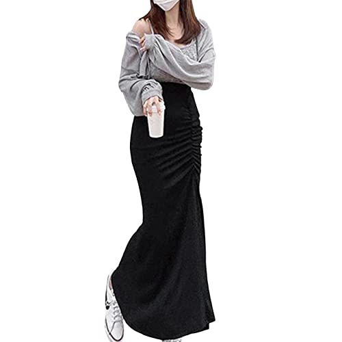 Caziffer Jupe Femme Longue Jupe Plissée pour Femme d’ été Jupe Femme Taille Haute Jupe Moulante pour Femme Jupe Élastique pour Femme (Noir, M) Cover