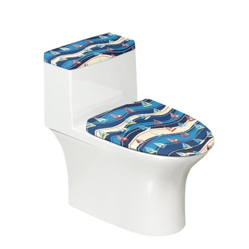 Tapa Inodoro Cubierta Velero Rojo Azul Poliéster Lavable Tapa de Tanque de Inodoro Suave y Elástica Fácil de Instalar Antideslizante Protectora Funda Antipolvo (4 piezas)