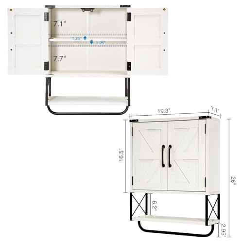 RUSTOWN Farmhouse Medicine Cabinet with 2 Barn Door, Wood Wall Mounted Storage Cabinet with Adjustable Shelf and Towel Bar, 3-Tier Bathroom Cabinet for Bathroom, Living Room(Vintage White, Medium)