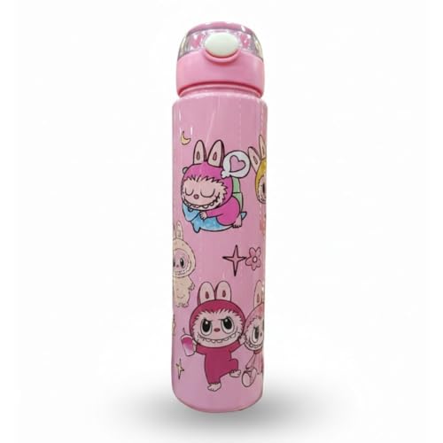 Image of Cartoon Printed Plastic Water Bottle for Kids Leak Proof Flip Cap Sipper Bottle with Strap School Drinking Bottle for Boys Girls Travel Office Use 900 ML (Pink)