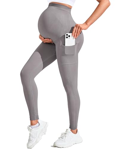 QSHOW Women’s Maternity Leggings with Pockets,Maternity Yoga Pants Over The Belly Soft Stretch Pregnancy Leggings for Women Workout Pants Women Maternity Sweatpants Active Wear Grey