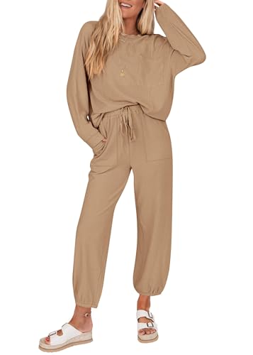 KIRUNDO Lounge Sets for Women 2026 Fall Airport Travel Outfits Ribbed Knit Tops Jogger Pants Tracksuit Postpartum Comfy Set(Khaki, XX-Large)