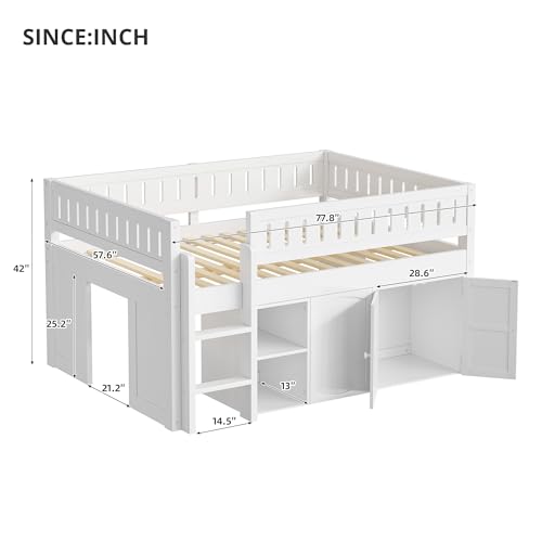 Image of Full Size Loft Bed with Storage Cabinet and Chalkboard Panel, Solid Wood Frame - Space-Saving Design for Kids /Teens Bedroom (White-A1)