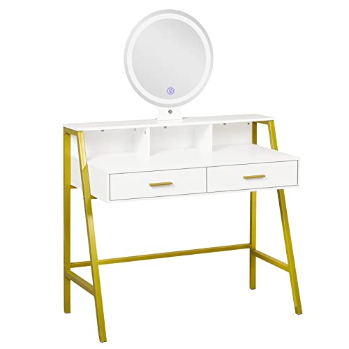 Tiptiper Coiffeuse, Coiffeuse avec Miroir à LED, Table de Maquillage avec 2 Tiroirs, Mode d’ Éclairage de 3 Couleurs, Moderne, pour Fille Femme, Blanc et Doré Cover