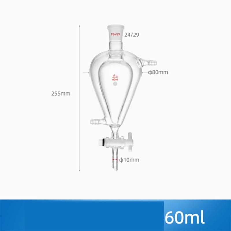 Embudo de separación de líquidos de doble capa en forma de pera - Pistón esférico cónico de vidrio tetrafluoro (100 ml, 125 ml, 250 ml) | 60ml