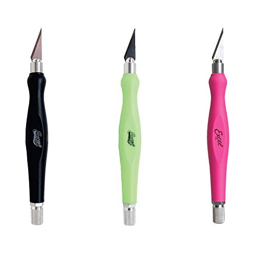 Excel Blades Fit Grip Knife - Ultra Sharp Knife With Carbon Steel Angled Edge Blade and Contoured Rubberized Grip - Light Duty Cutting Tool For Precision Cutting and Trimming - 3 Pack, Assorted Colors