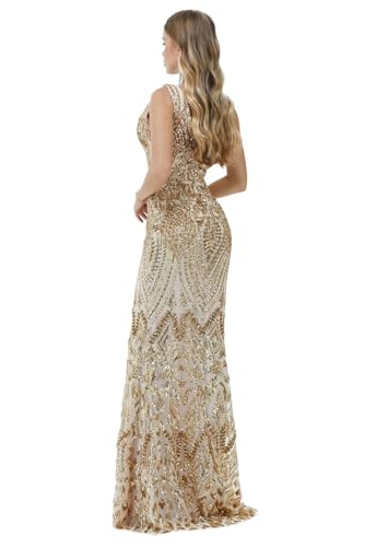 Image of Women's Wedding Bridesmaid Gown Sequined Mermaid V Neck Sleeveless Evening Dress