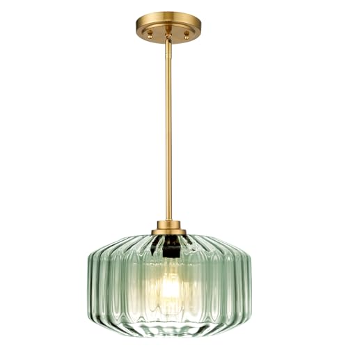 Image of Mint Green Pendant Light Mid‑Century Kitchen Island Hanging Lamp | Vintage Farmhouse Ribbed Glass Pendant Light, Gold Adjustable Hanging Light Fixture for Kitchen Island Pantry Bedroom