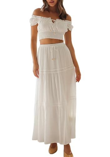 NUFIWI Women Flowy Maxi Skirt 2 Piece Outfits Y2k Tie Up Cami Top Frill Ruffle Long Skirt Matching Set Sundress