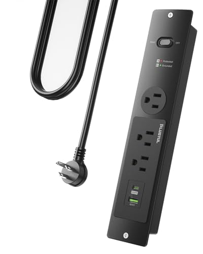 PLUGTUL Recessed Power Strip 6 FT, Flush Mount, PD 20W Fast Charging, Flat Plug, 14 Gauge, 980J Surge Protector, Black Recessed Power Strip with USB C