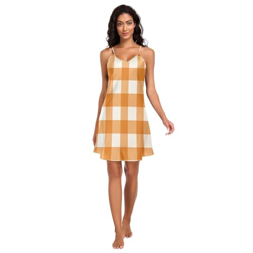RPLIFE Vestido de lencería a cuadros naranja, vestido camisola de satén, camisas de noche sin mangas para mujer, Naranja (Orange Gingham), Large