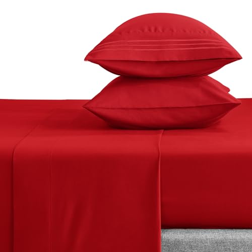 CozyLux Full Bed Sheets Set 1800 Series 4-Piece Embroidered Double Brushed Microfiber Sheets 16' Deep Pocket Hotel Soft Luxury Bedding Sheet Set, Wrinkle Resistant, Red