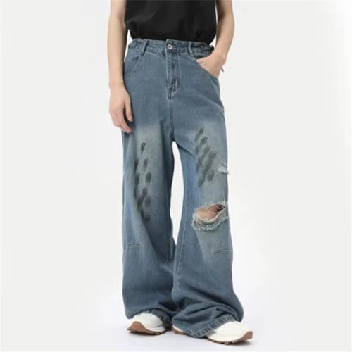 Men's Jeans Loose Printing Holes Wide Leg Vintage Straight Denim Pants2