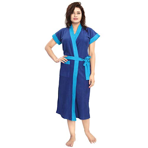 Image of bathrobes terry cotton free size bathrobe for women, bathsuit fit up to 42 inches chest size ladies - Ferozi Strip Blue bathrobe