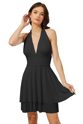 Image of Women's Halter Deep V Neck A-line Mini Dress Ruched Waist Short Party Dresses