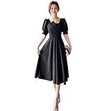 [EightSTAR Dress] 結婚式ドレス パーティードレス 黒 ワンピース Aライン ミモレ 上品 大人 パフスリーブ お呼ばれ おしゃれ着 20代 30代 40代 ミセス 高見え (L, ブラック)