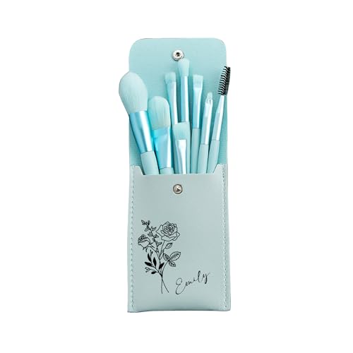 Personalized Birth Flower Makeup Brush Bag Custom Name Makeup Bag Set with 8 Pcs Makeup Brushes Travel Makeup Bag Makeup Brush Organizer for Women Christmas Birthday Gift