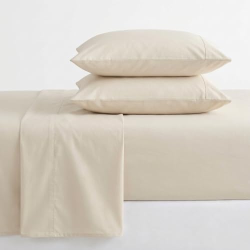 Image of Martha Stewart - Twin Size Sheets Set, Crisp & Tailored Cooling Sheets w /a Naturally Smooth Cotton Percale Lightweight Feel - Bed Sheets with Matching Pillowcase & Fitted Sheet (Skylands Solid Beige)