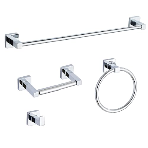 Chrome Bathroom Hardware Set 4 Pieces Bathroom Accessories Set Stainless Steel Wall Mounted Hand Towel Bar Towel Ring Robe Towel Hooks Toilet Paper Holder Towel Bar Set 23.6 Inch