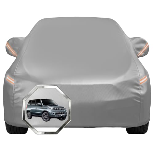 Image of Pivalo Car Cover for Mahindra Bolero Neo All Model & Years with Mirror Pocket 100% Waterproof Triple Stitched Bottom Elastic Dust, Heat & UV Resistant Full Body Protection (Grey with Highlighter)