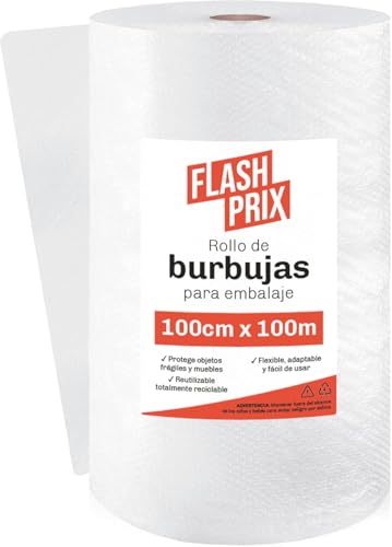 FLASHPRIX Rollo Plastico Burbujas Embalaje, 100cm Ancho (A) y 100m longitud (L). Papel burbuja perfecto para Mudanzas, Embalajes y Envíos