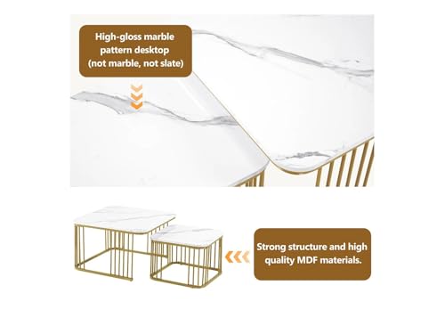 Image of Square Nesting Table Set of 2 for Living Room, Room Decoration Item for Bedroom, Coffee & Side Table with Marble MDF White Top and Iron Base (White Gold)