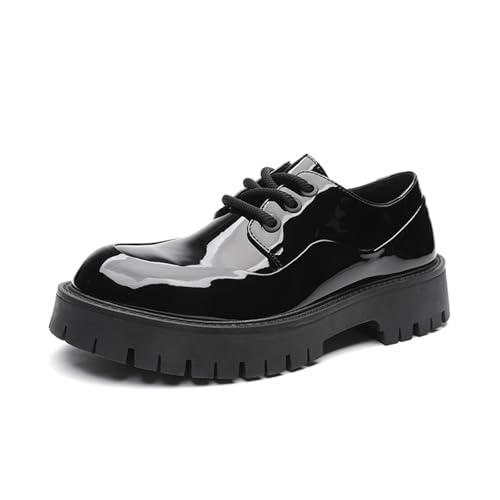 Men's Black Patent Leather Lace-Up Platform Oxfords Shoes Round Toe Chunky Lug Sole Soft Bottom Non-Slip Heightening Dress Derby Shoes for Business Office Casual Wedding Party