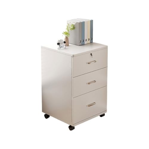 Archivador de madera blanca gruesa debajo del escritorio con cerradura para almacenamiento móvil de oficina y dormitorio, diseño simple para documentos y uso en la mesita de noche
